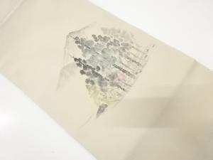 作家物　縮緬地　手描き　遠山に樹木模様　名古屋帯